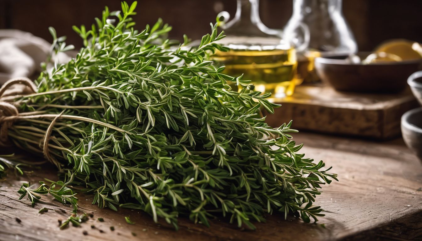A bunch of thyme herb on a wooden table with cooking ingredients in the background.