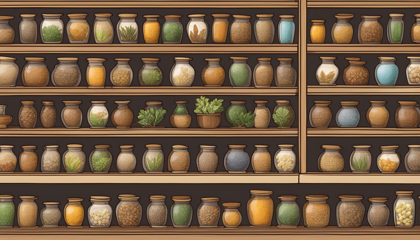 A collection of traditional Chinese herbs in jars on shelves