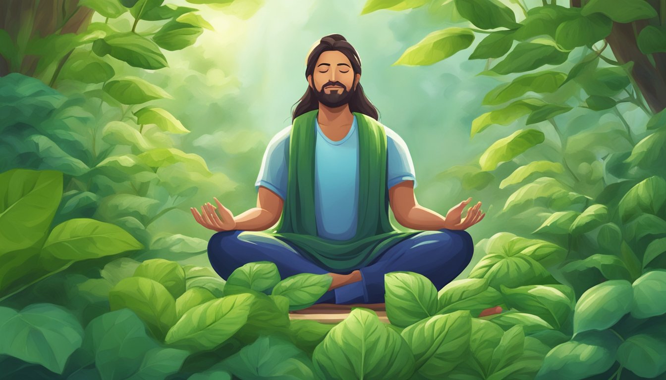Person meditating in a field of holy basil plants.