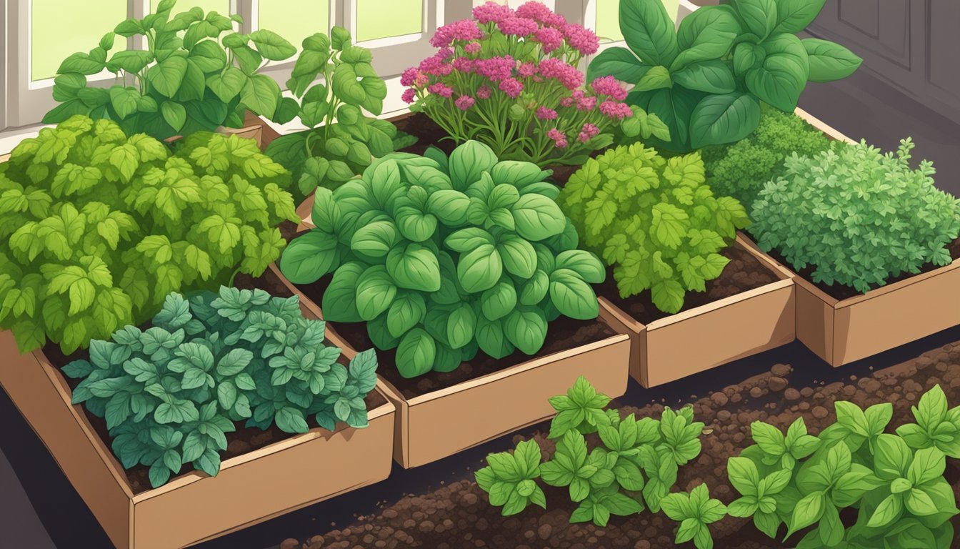 An illustration of a herb garden with various types of herbs in wooden planters.