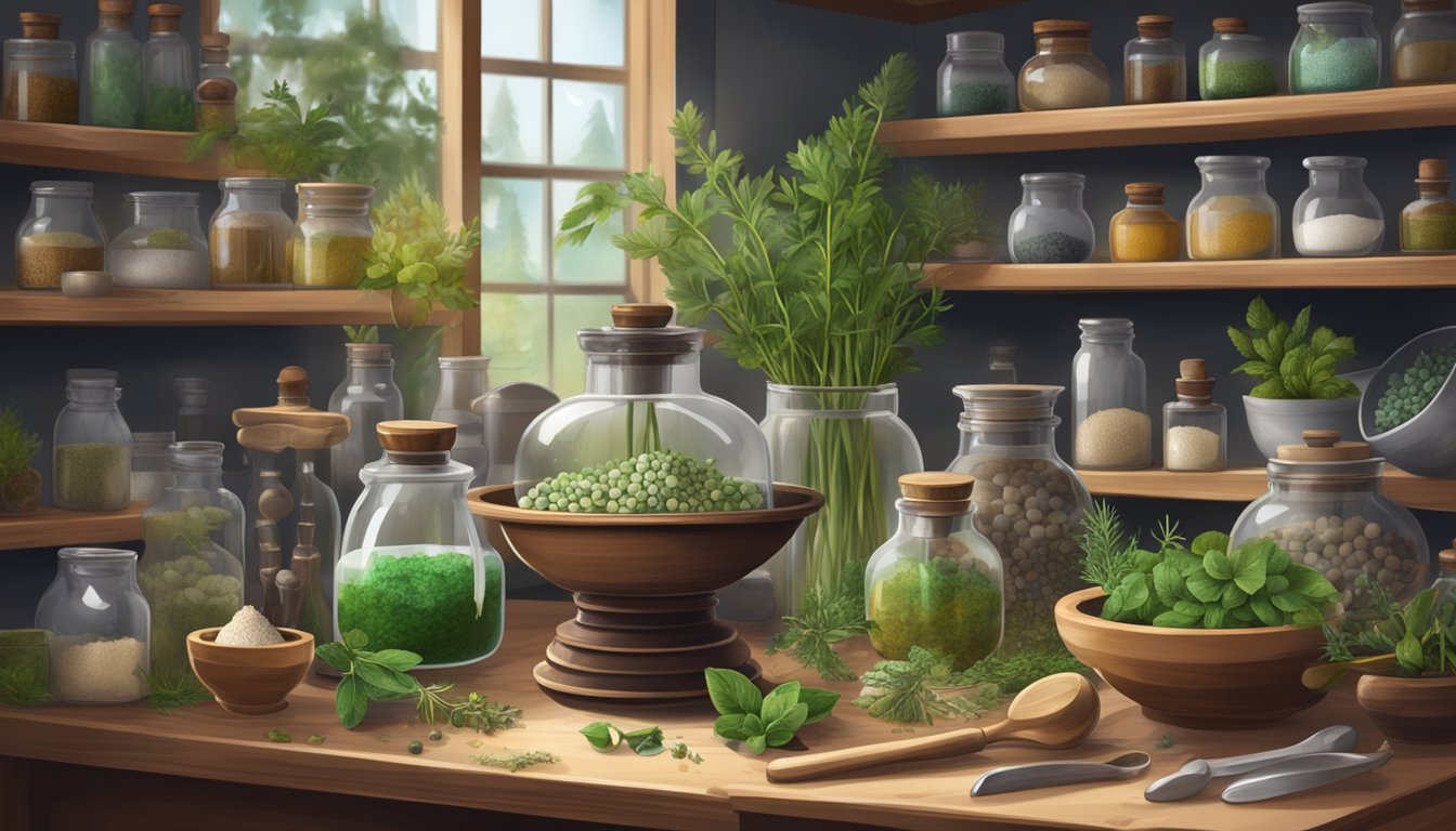 A digital illustration of an apothecary with various herbs and jars on wooden shelves.