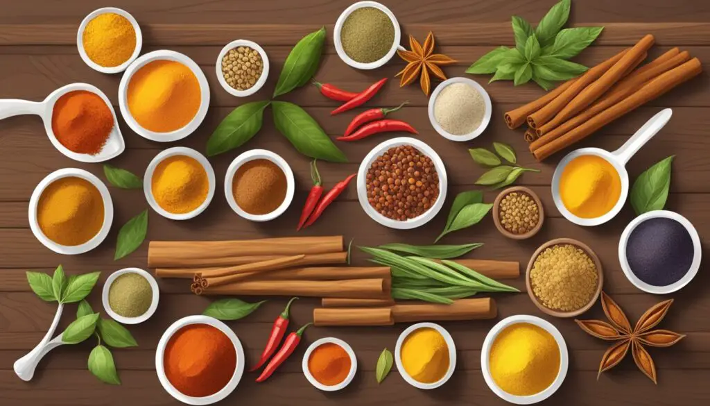 An assortment of spices including turmeric, cinnamon, star anise, and red pepper flakes in small bowls and spoons on a wooden background.