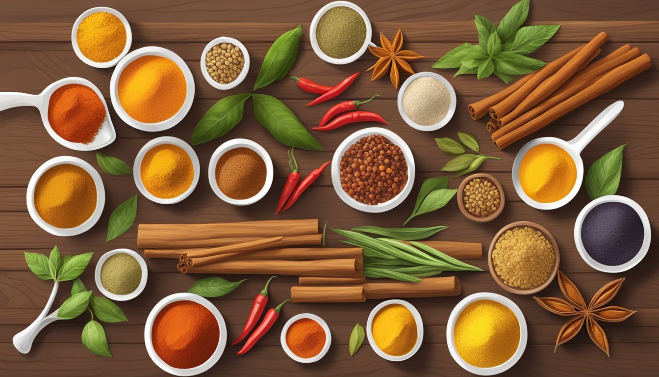 An assortment of spices including turmeric, cinnamon, star anise, and red pepper flakes in small bowls and spoons on a wooden background.
