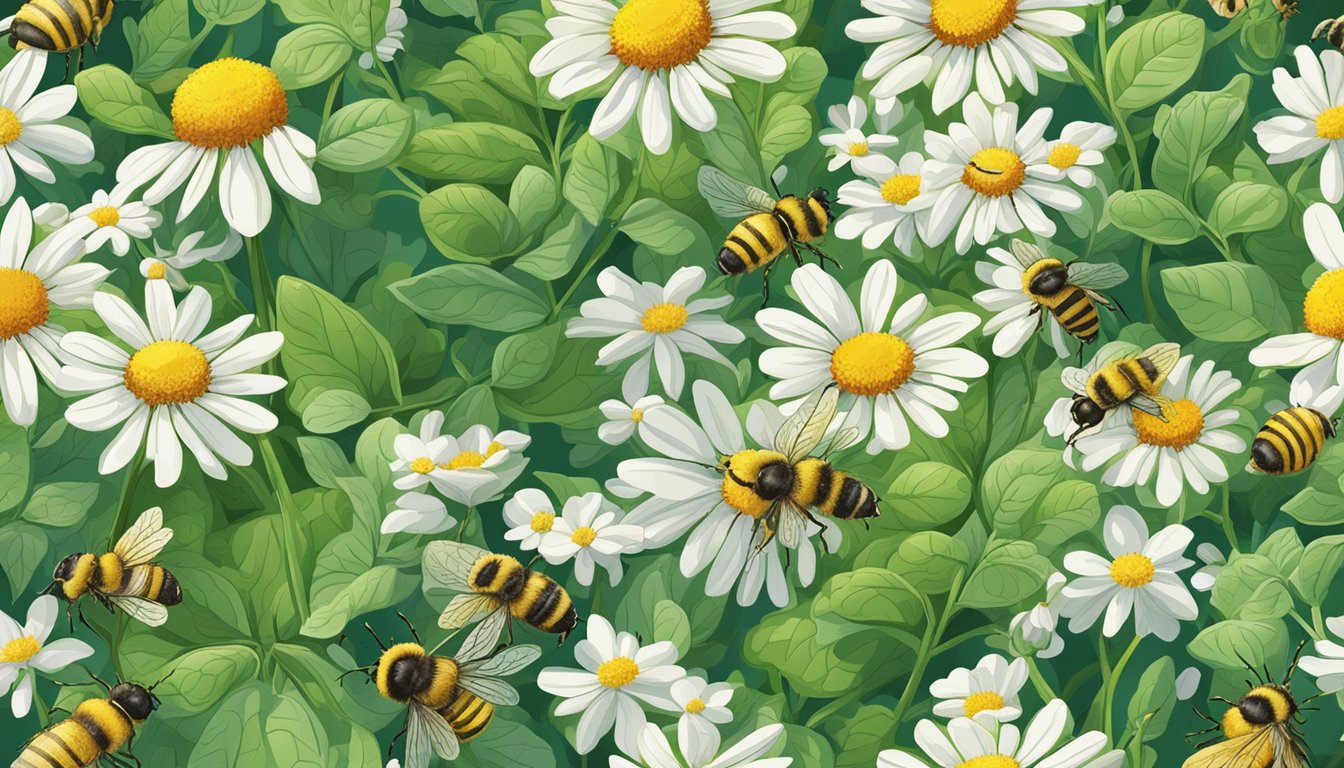 Illustration of bees and daisies on a green background.