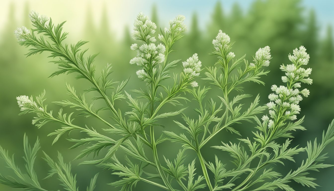 Illustration of a wormwood plant with white flowers and green leaves.