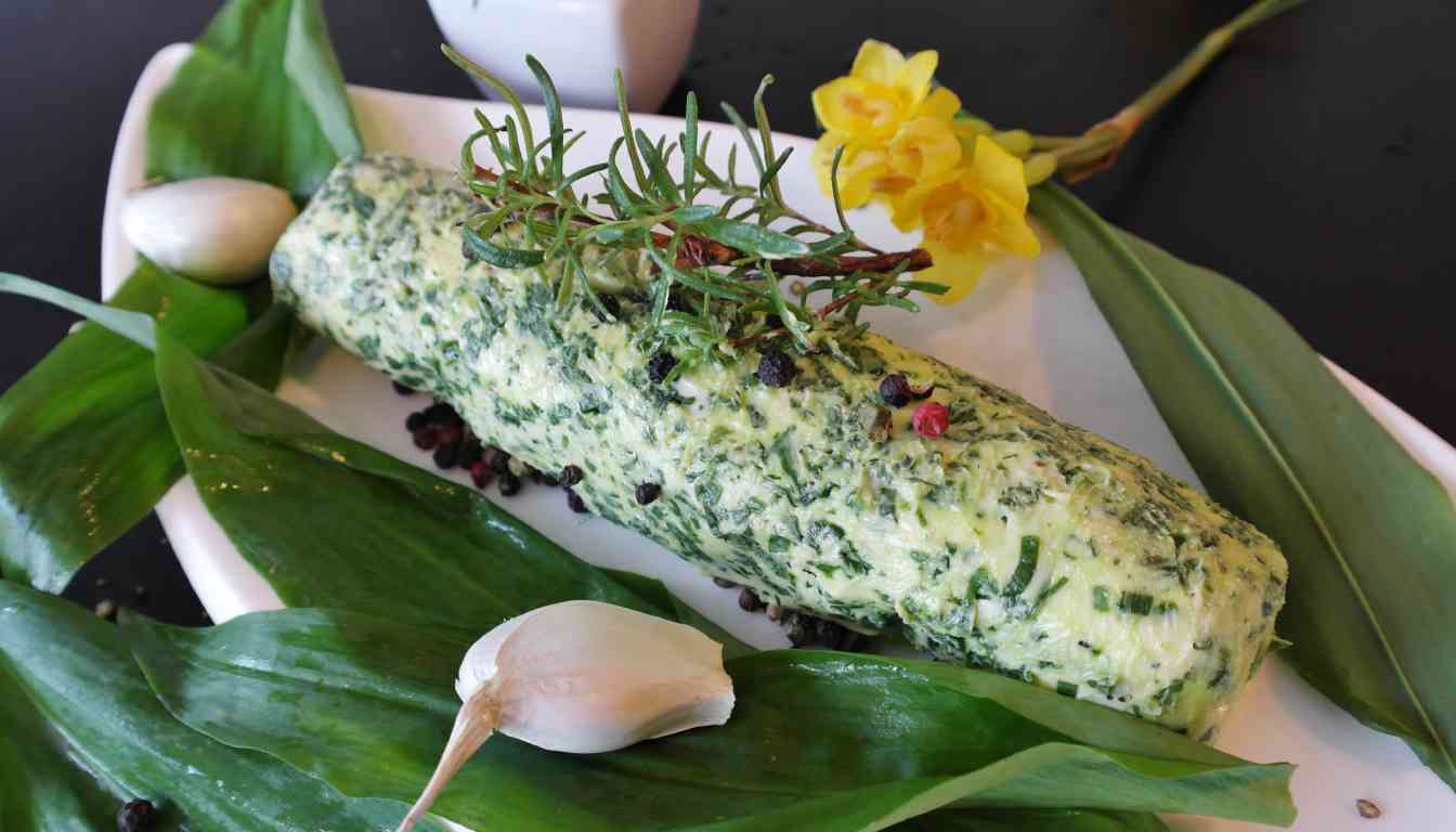 A log of herb butter garnished with fresh herbs, peppercorns, and a yellow flower, resting on green leaves with garlic cloves nearby.