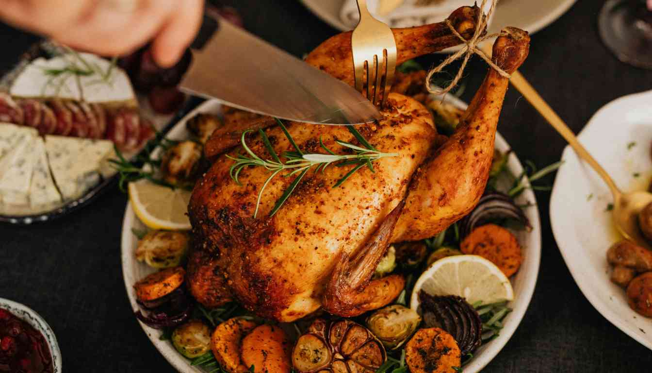 A succulent herb-roasted chicken garnished with rosemary, surrounded by roasted vegetables and lemon slices, being carved with a knife and fork.