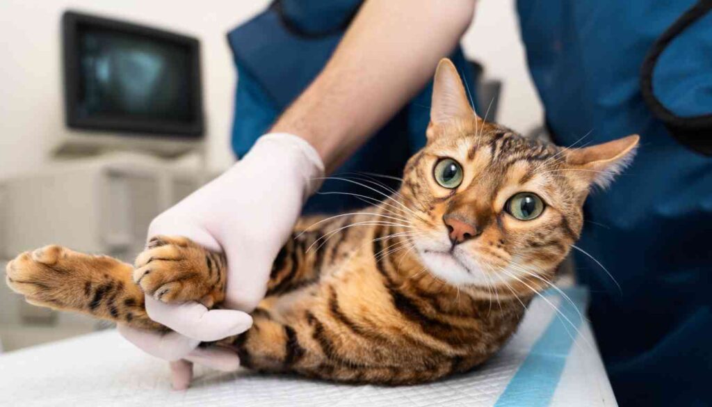 A Bengal cat with green eyes lies on a veterinary examination table while a gloved hand holds its front paw.