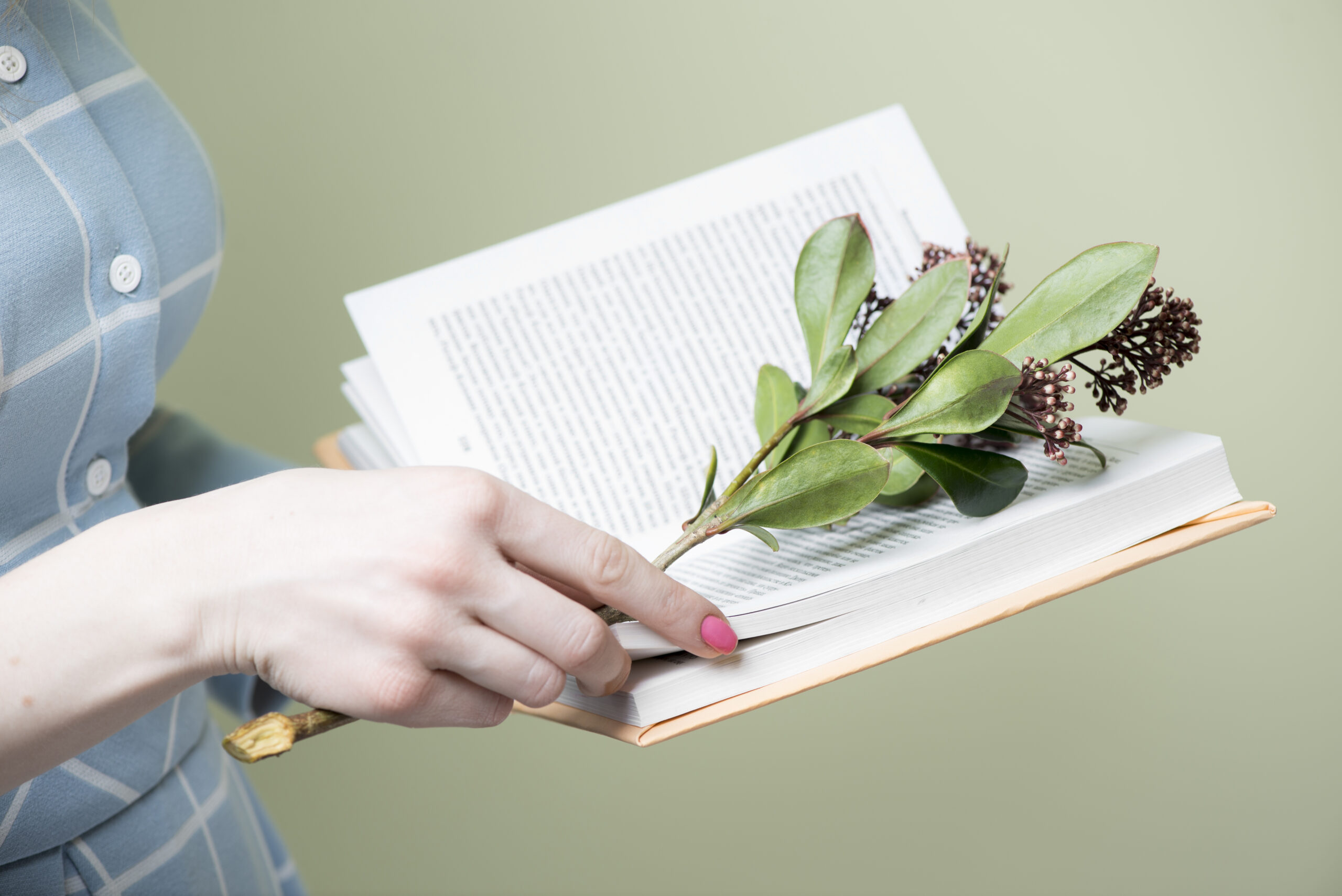 A person holding an open book with a sprig of herbs placed between the pages.