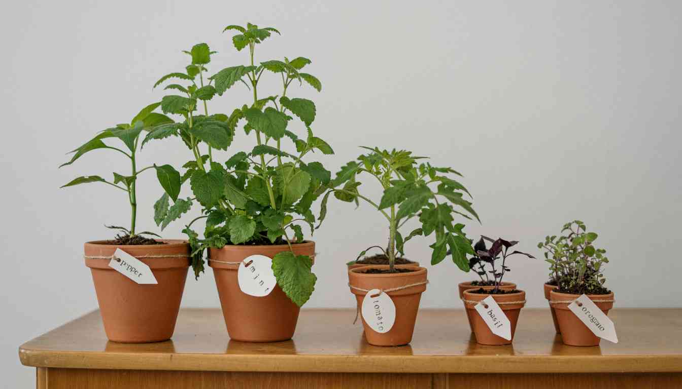 Five potted herbs arranged on a wooden surface against a neutral background, each labeled with white tags indicating “Mint,” “Parsley,” “Basil,” “Thyme,” and “Rosemary".