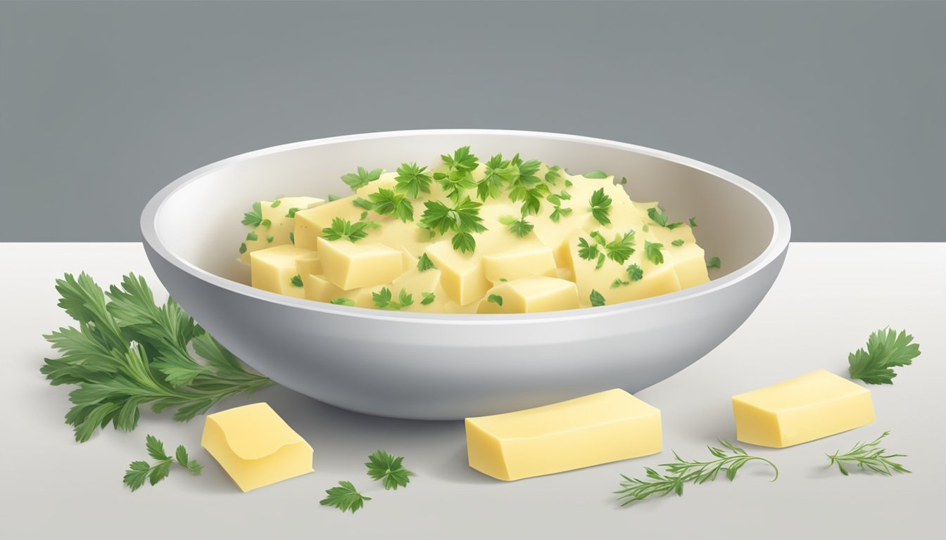 A bowl of fresh herb butter garnished with parsley on a gray background.