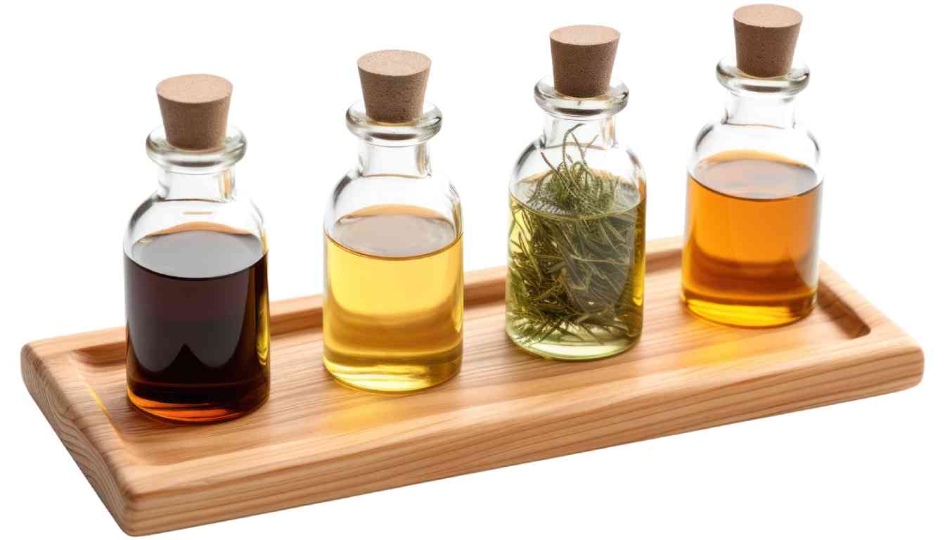 Four glass bottles with cork stoppers containing different colored oils, one of which has herbs inside, placed on a wooden tray.