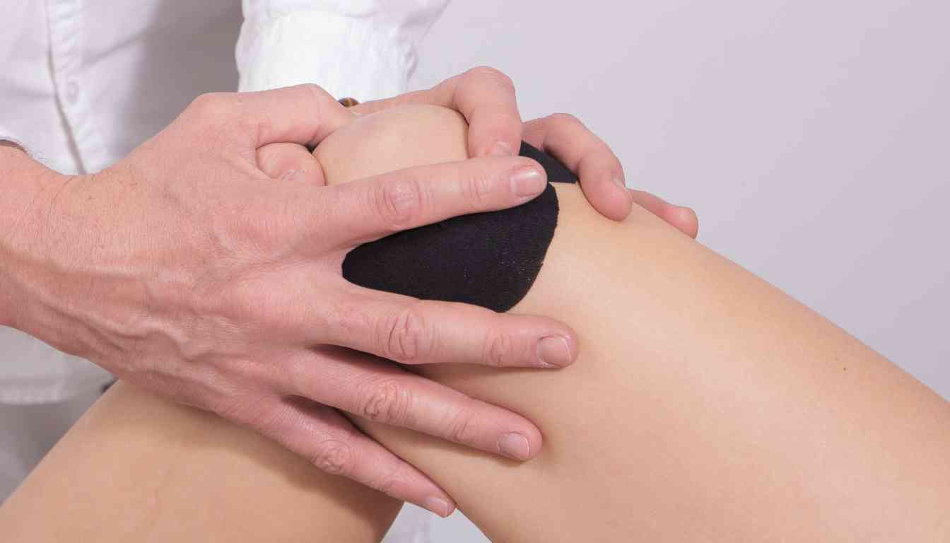 Hands applying kinesiology tape to a person's knee.