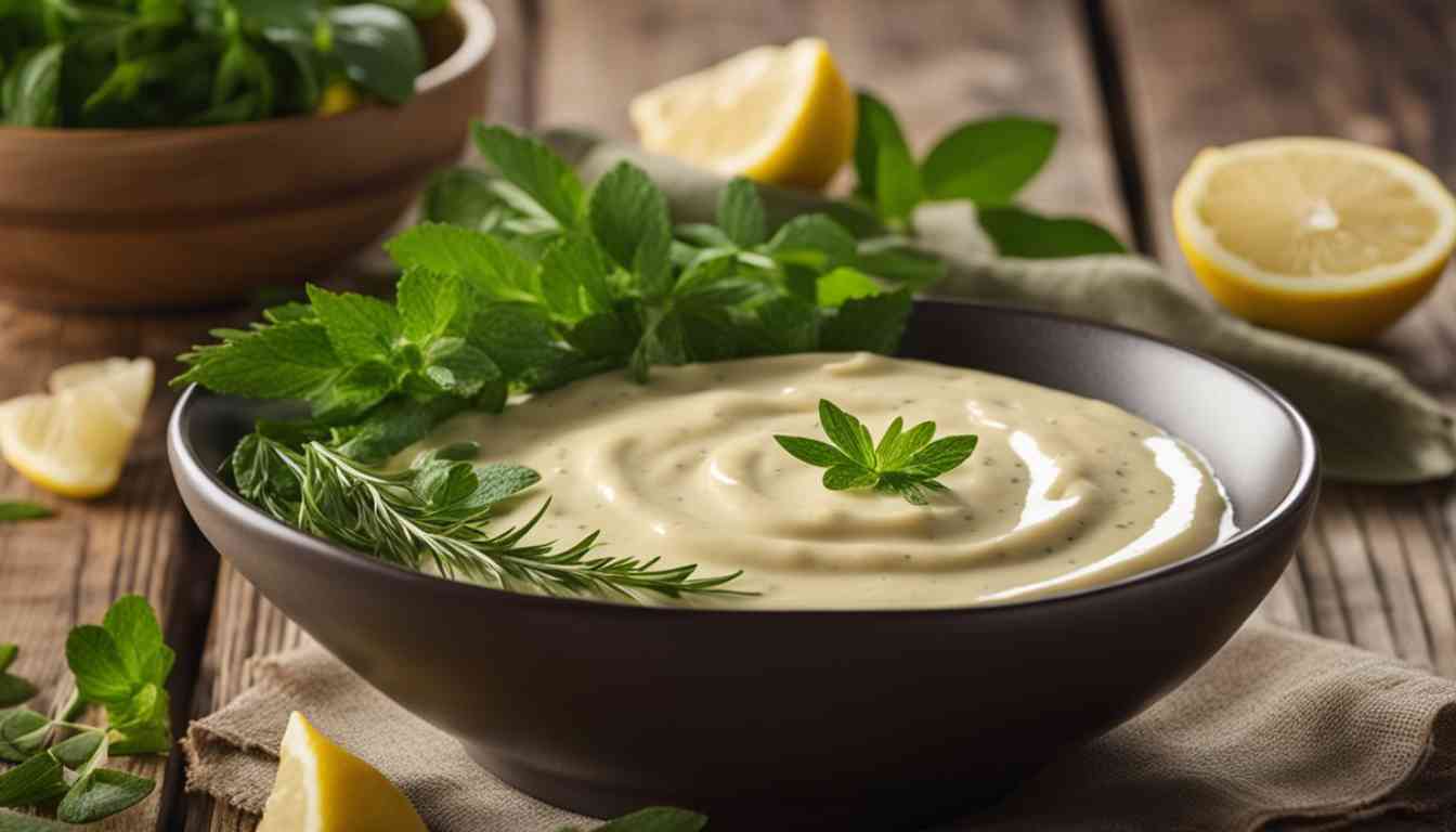 A bowl of creamy lemon herb tahini sauce garnished with a sprig of fresh parsley, surrounded by fresh herbs, lemon wedges, and a wooden bowl of leafy greens on a rustic wooden table.