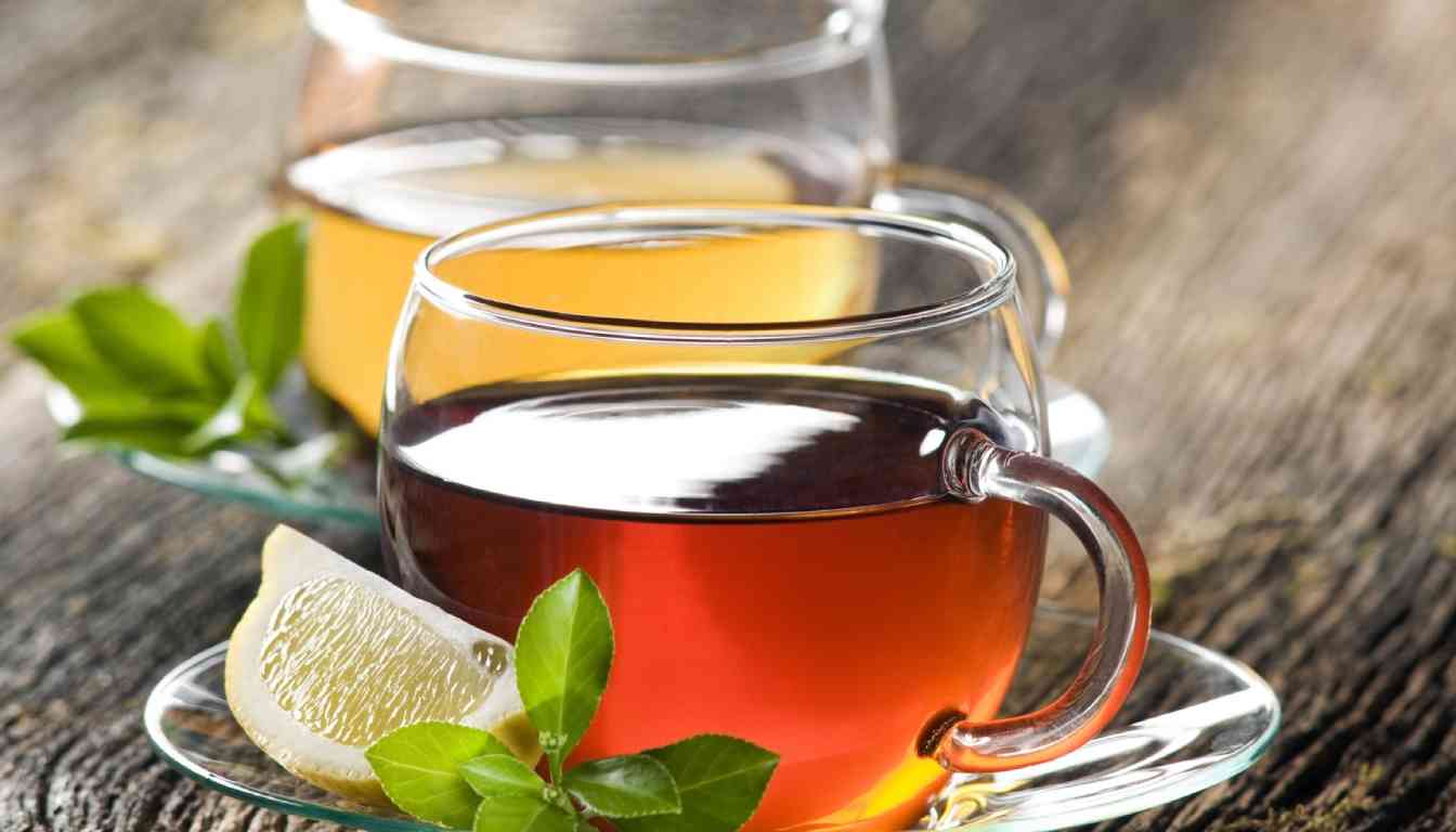 A glass cup of hot tea with lemon and fresh mint leaves on a wooden surface.