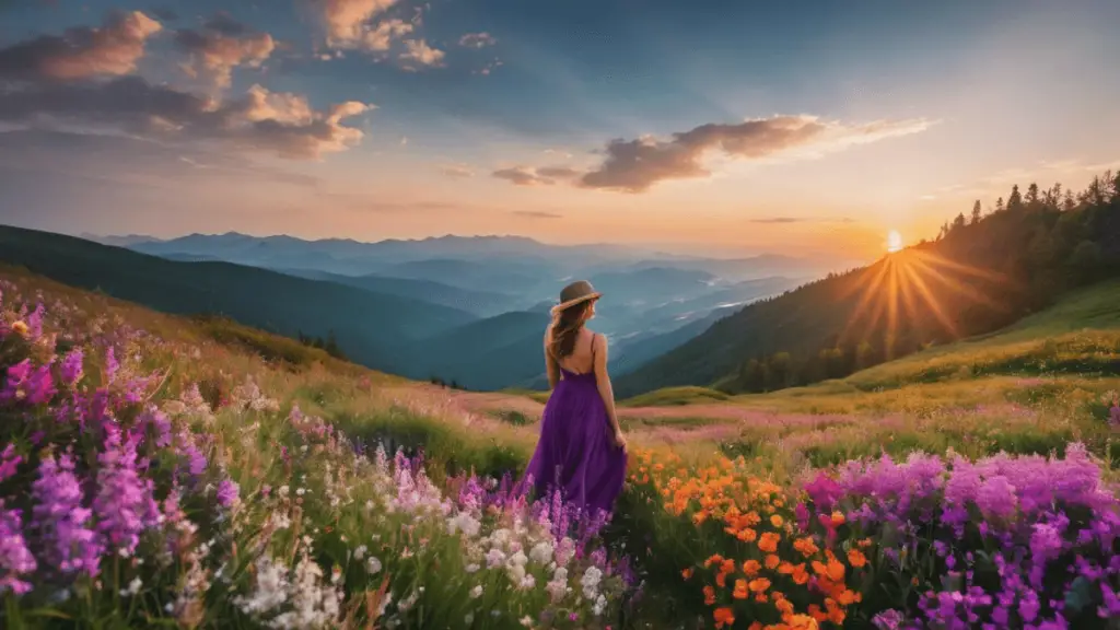 A woman in a purple dress standing in a vibrant field of flowers with mountains in the background.