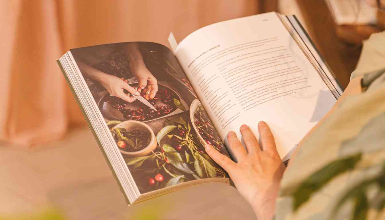 A person holding and reading a book titled "Herbal Encyclopedia," with a page open showing a photograph of hands preparing herbs and a recipe or instructions on the opposite page.