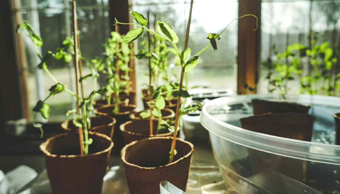 A variety of young herb plants growing in biodegradable pots on a sunny indoor windowsill.