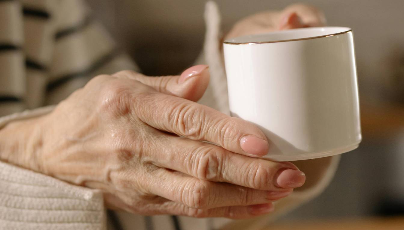 Close-up of a person's hands holding a white ceramic cup with a gold rim.