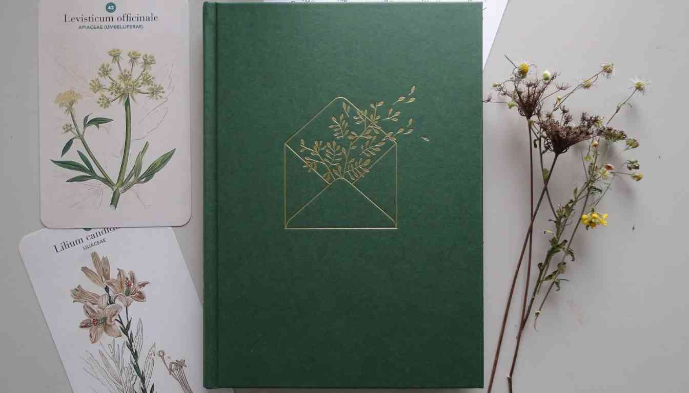 A green book with a gold-embossed design of an envelope containing plants, surrounded by botanical illustration cards and dried flowers.