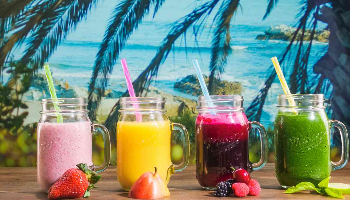 Four colorful milkshakes in clear mason jars with handles and straws, placed on a wooden surface against a tropical beach backdrop. From left to right, the milkshakes are pink, yellow, purple, and green, suggesting different flavors. Accompanied by fresh strawberries, a pear, mixed berries, and green leaves to indicate natural ingredients.