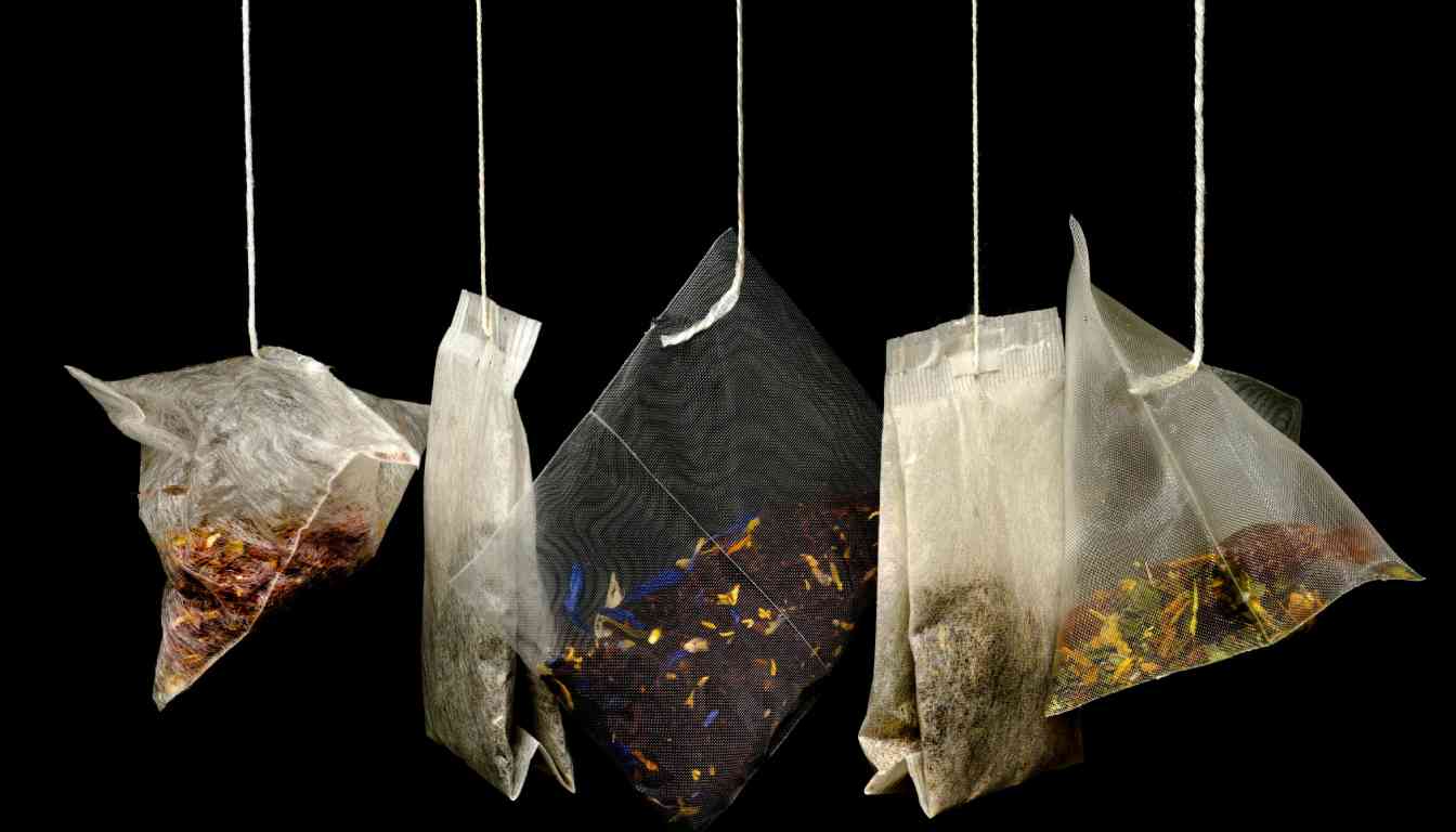 Four assorted herbal tea bags with different natural ingredients suspended against a black background, suggesting natural remedies for tooth pain.