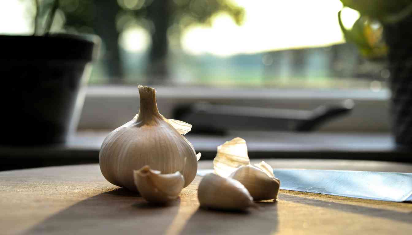 A whole garlic bulb and two cloves on a wooden surface with a kitchen background.