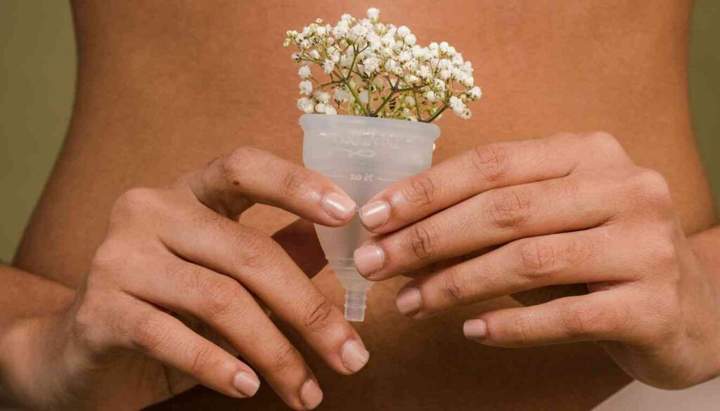 A clear menstrual cup held between two hands with a bunch of small white flowers placed inside it, set against a background of skin tone.