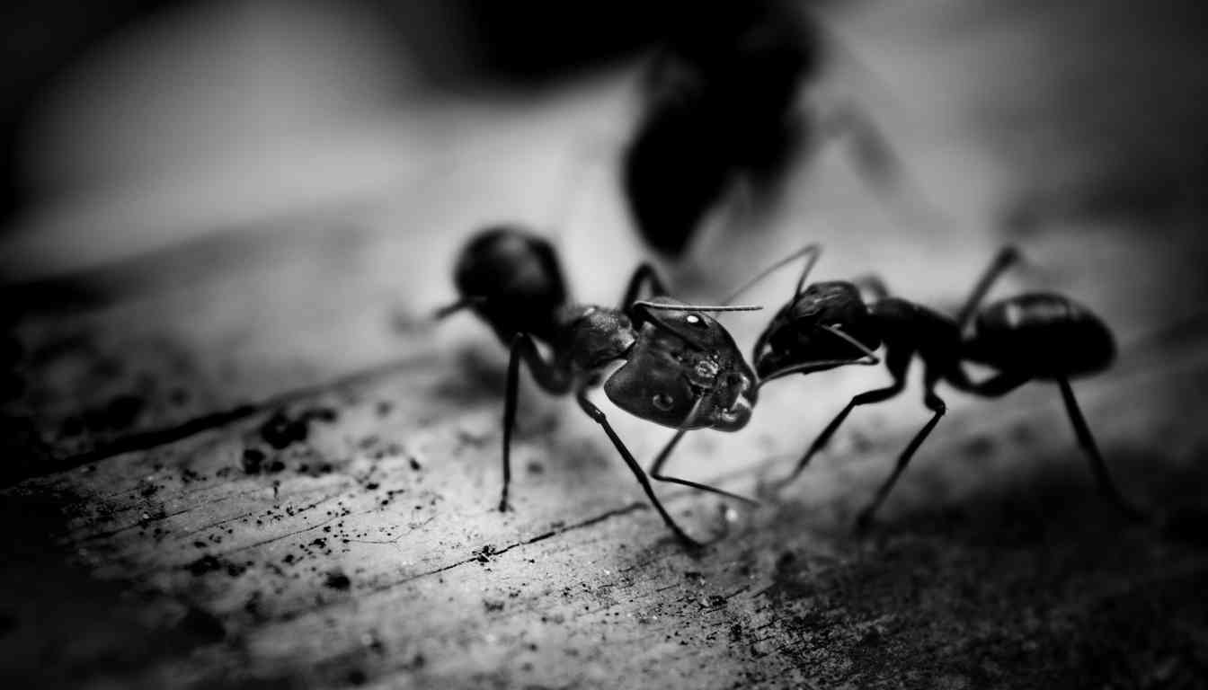 Close-up of two ants interacting on a rough surface.