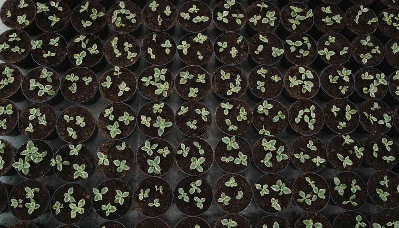 A grid of small, round pots filled with soil and sprouting micro herbs in a greenhouse setting.