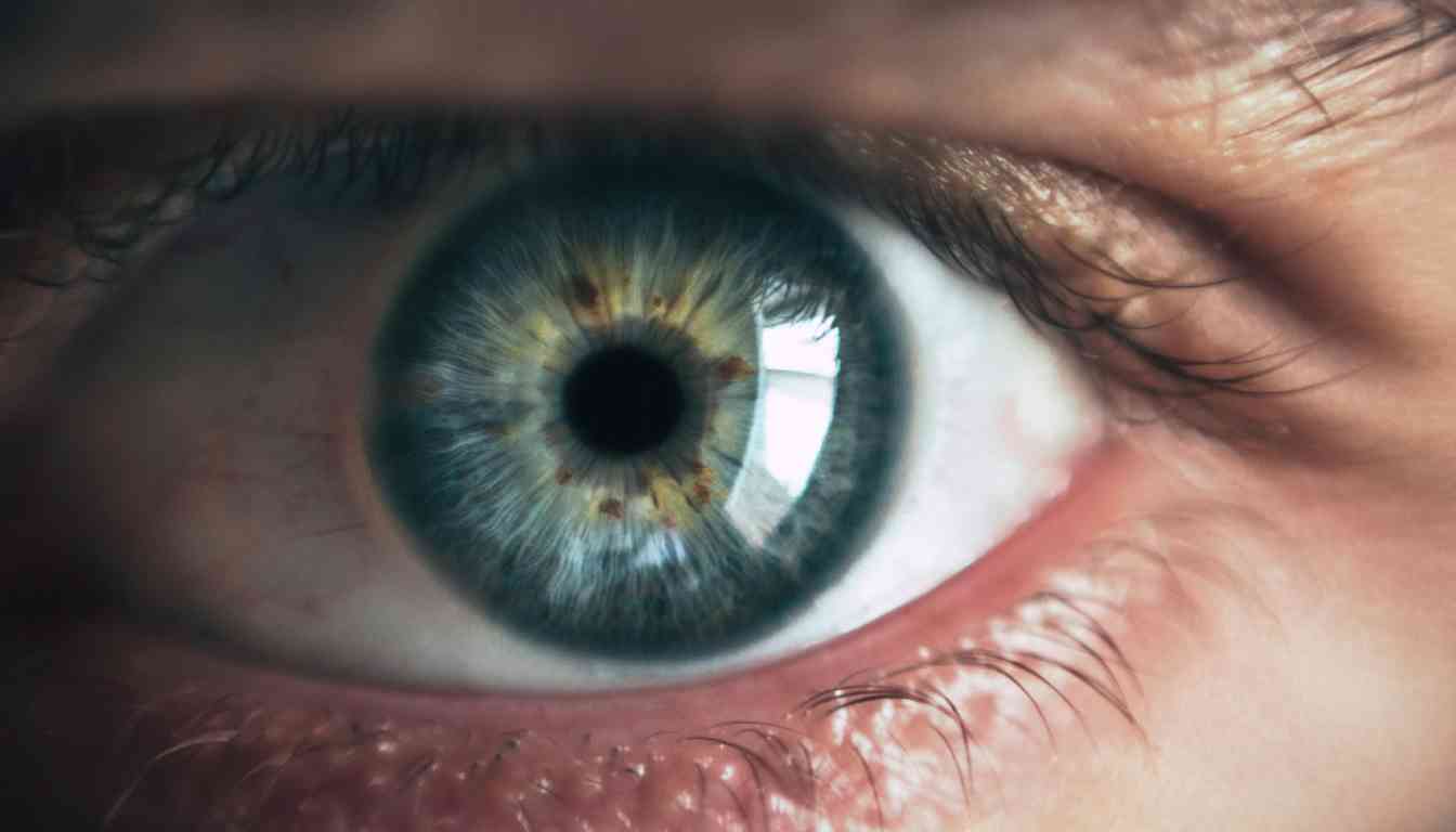 Close-up of a human eye showing signs of infection, with noticeable redness and swelling in the sclera, and slight cloudiness in the cornea.