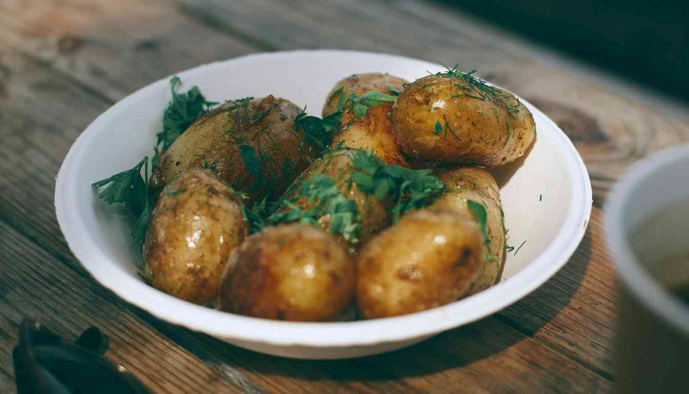 A plate of herb-roasted potatoes garnished with dill on a wooden table, showcasing a rustic and appetizing side dish.