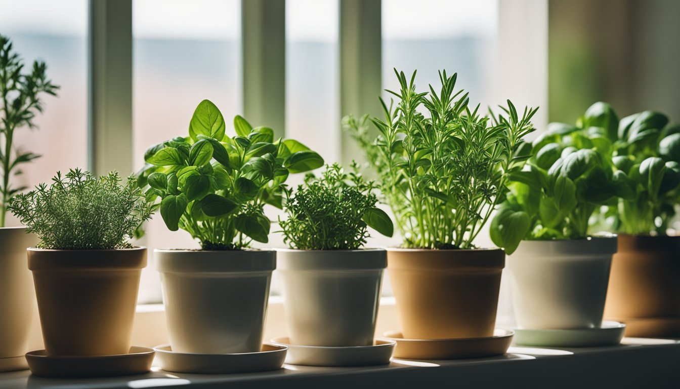 Various potted herbs lined up on a windowsill in sunlight.