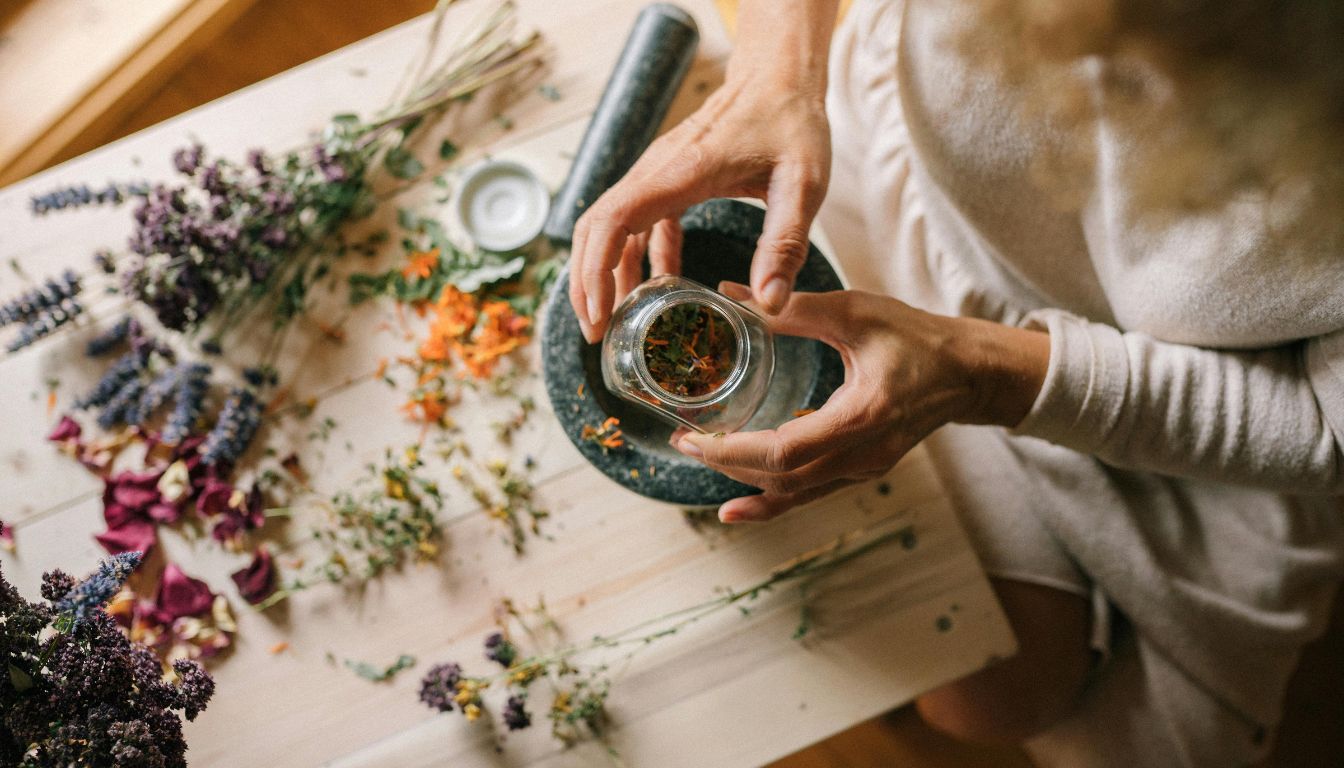 A collection of various herbs and herbal remedies, including dried lavender, chamomile flowers, eucalyptus leaves, and essential oil bottles, displayed on a wooden table.