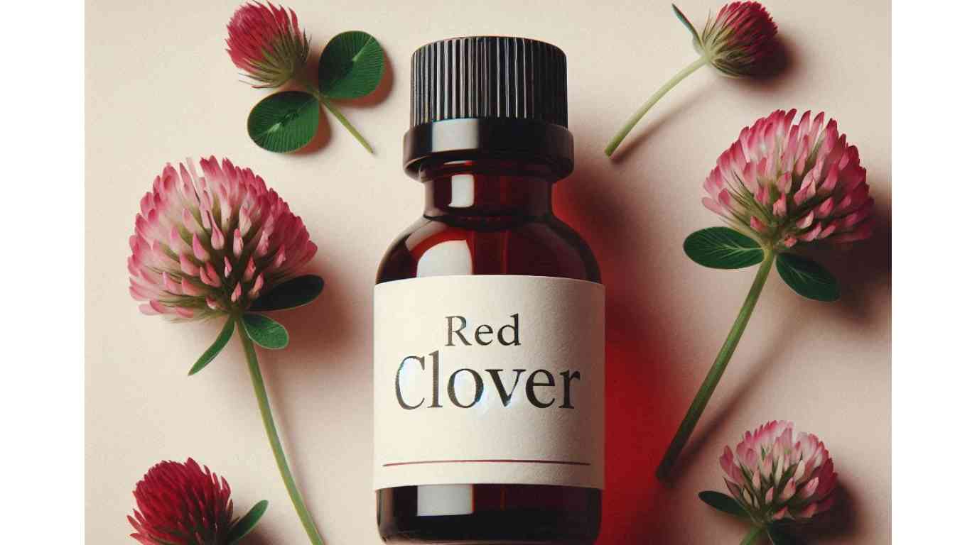 A small brown glass bottle with a label reading “Red Clover” is centered on a pale background, surrounded by several red clover blossoms and leaves.