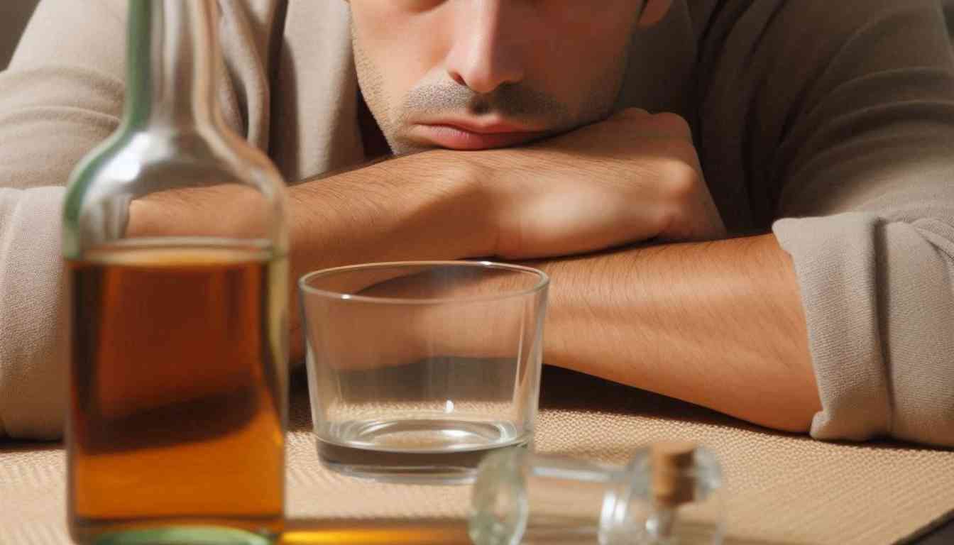 A person resting their head on folded arms at a table, with an unfocused gaze directed towards a glass and a bottle of alcohol, suggesting contemplation or distress related to alcohol use.