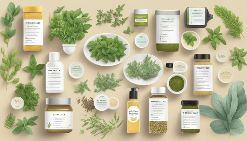 A variety of herbal products and fresh herbs displayed on a beige background.