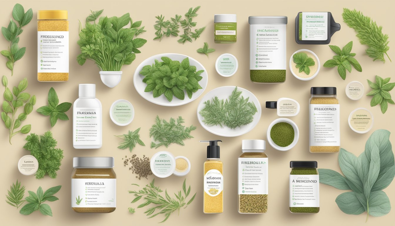 A variety of herbal products and fresh herbs displayed on a beige background.