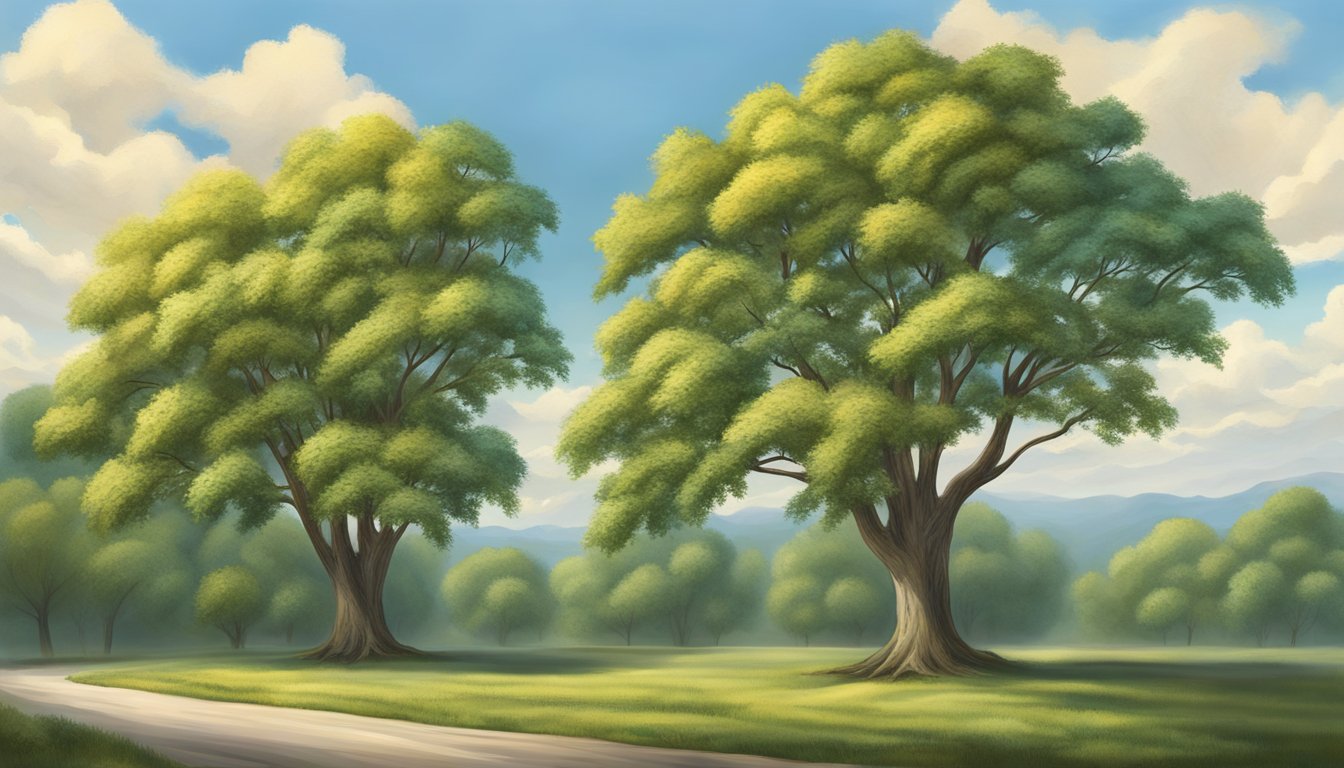 Two lush green elm trees beside a path, illustrating the comparison between American Elm and Slippery Elm.