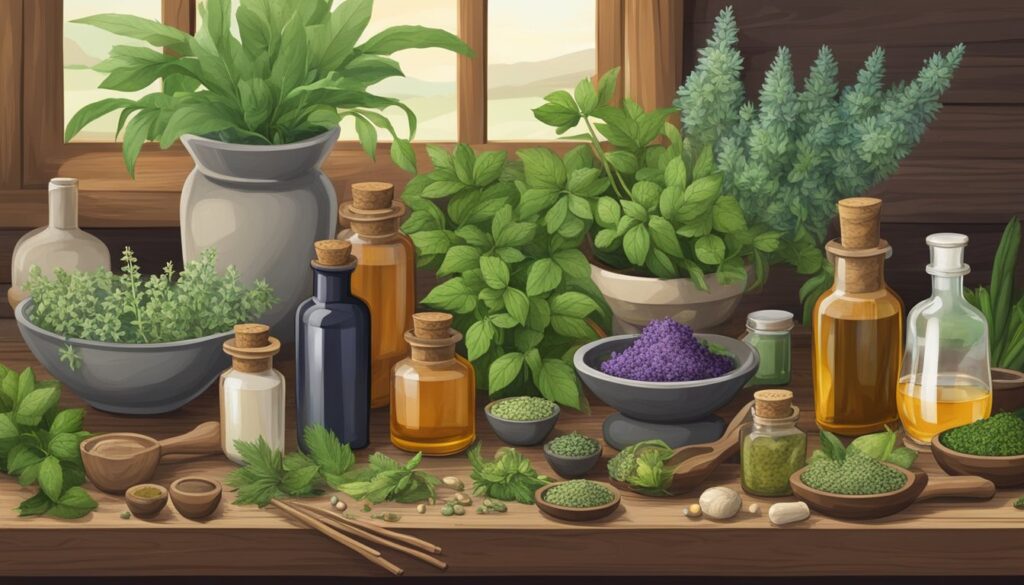 A variety of herbal plants and remedies displayed on a wooden surface, including green plants in pots, dried herbs, and bottles of herbal extracts.