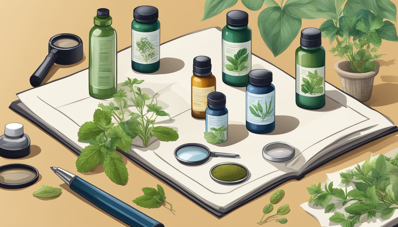 An illustration featuring an open book with images of herbal supplements, a potted plant, and loose leaves, surrounded by bottles of herbal supplements and a magnifying glass.