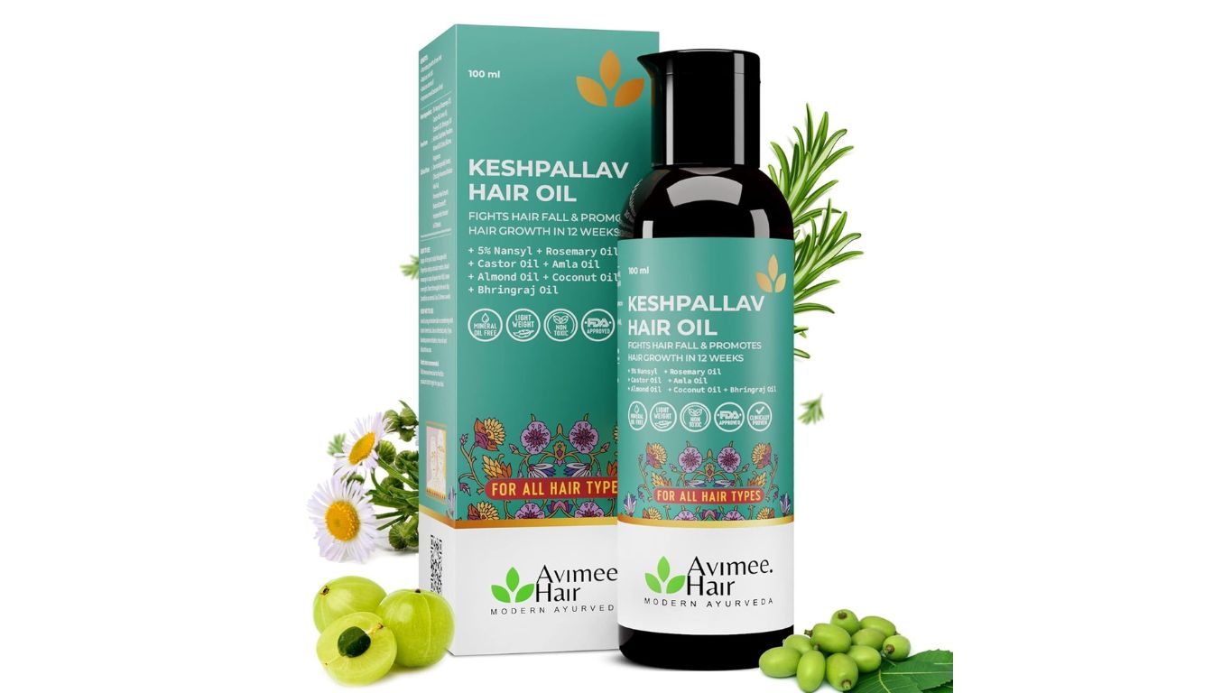 Avimee Herbal Keshpallav Hair Oil bottle with packaging box, featuring Ayurvedic ingredients like bhringraj, rosemary, castor, amla, coconut, and brahmi, marketed to fight hair fall and promote growth.