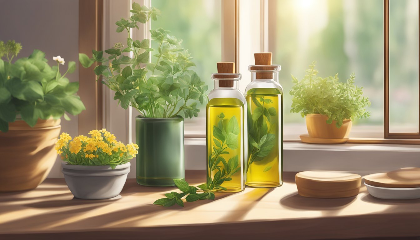 Two bottles of herbal hair oil infused with green leaves, placed on a wooden window sill amidst potted plants, basking in the soft sunlight.