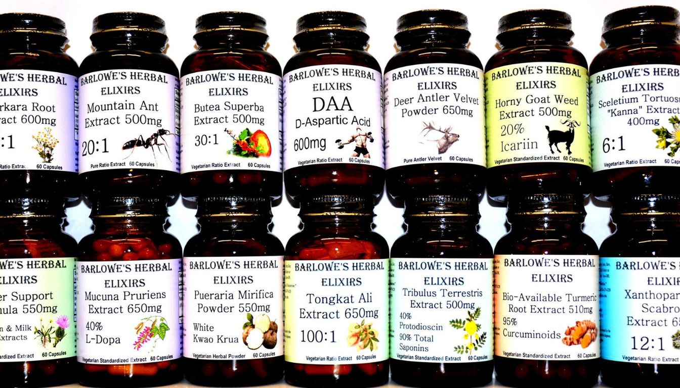 A collection of Barlowe's Herbal Elixirs supplement bottles arranged in two rows. Each bottle has a distinct label indicating the type of herbal extract and its dosage.