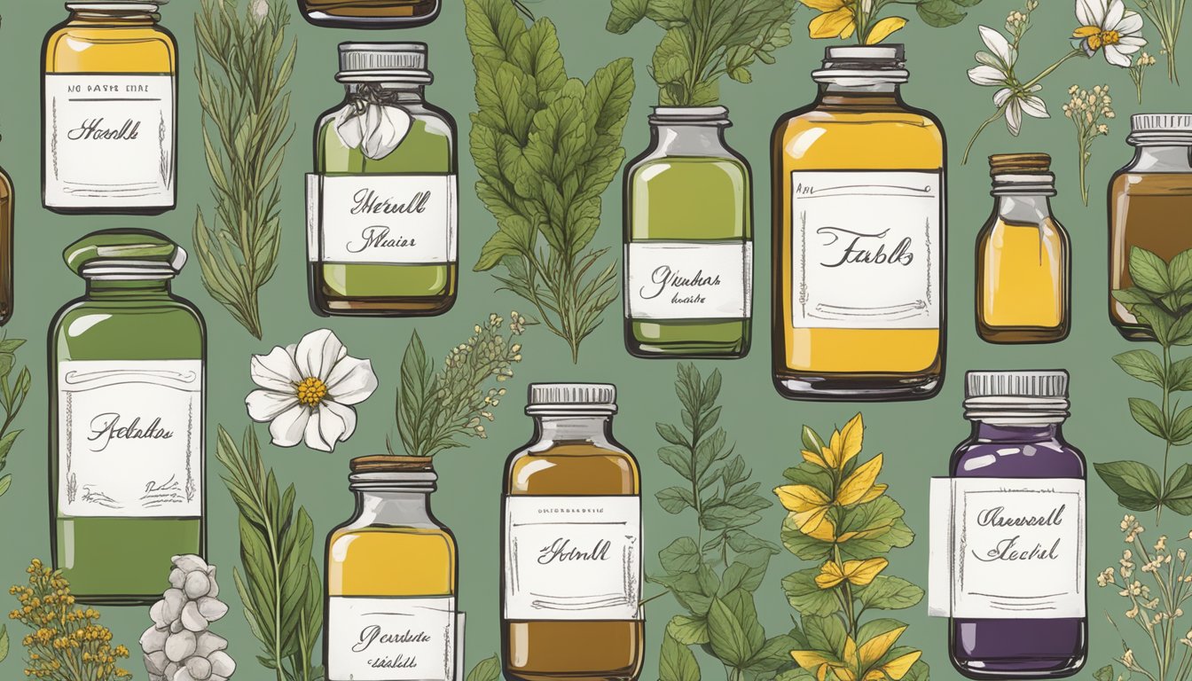 A collection of illustrated herbal elixir bottles surrounded by various herbs and flowers.