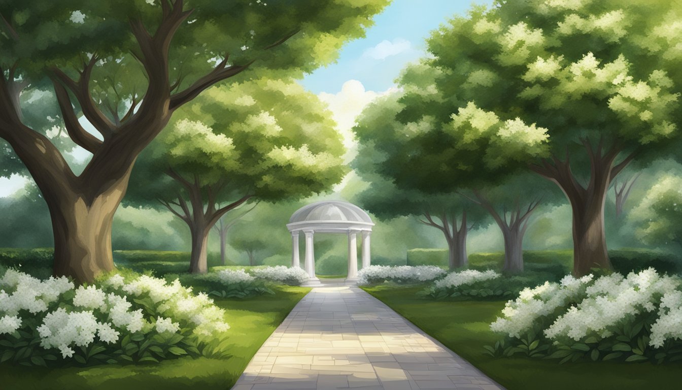 A serene garden pathway leading to a white gazebo, surrounded by lush green trees and blooming white flowers, illustrating the peaceful coexistence of Bay Laurel and Cherry Laurel.