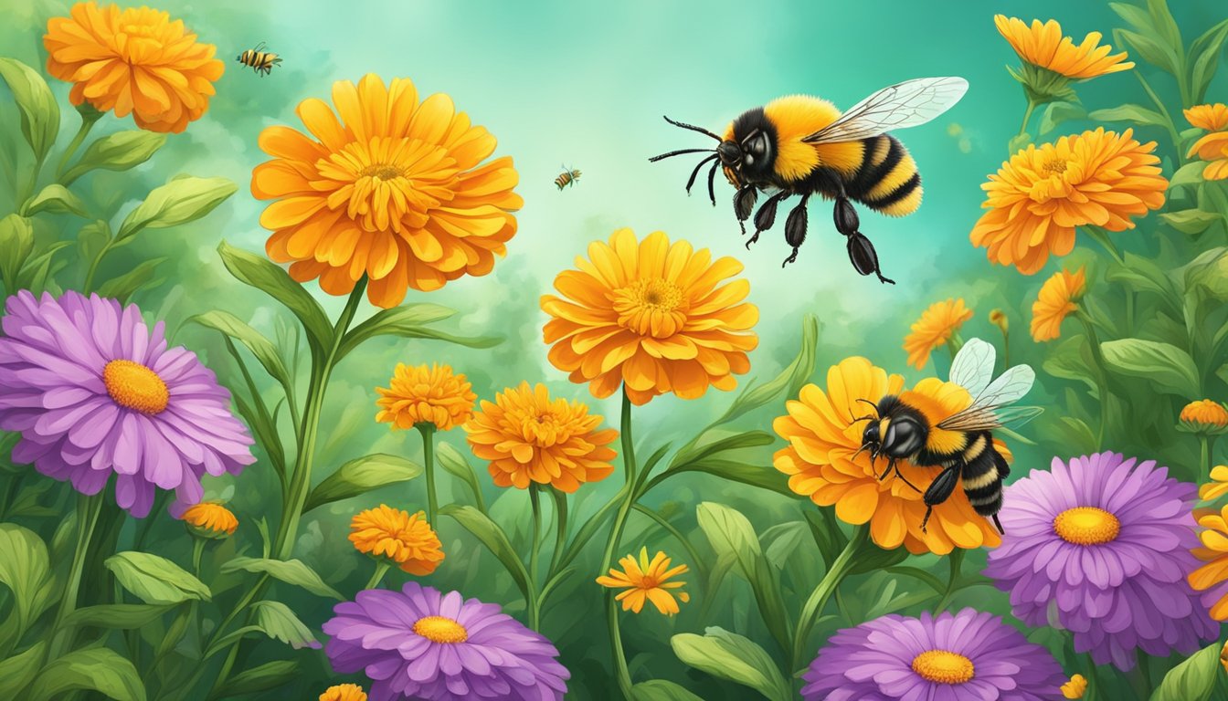 A vibrant image showcasing a mix of calendula and marigold flowers with bees hovering, illustrating the natural connection between these two types of flowers.