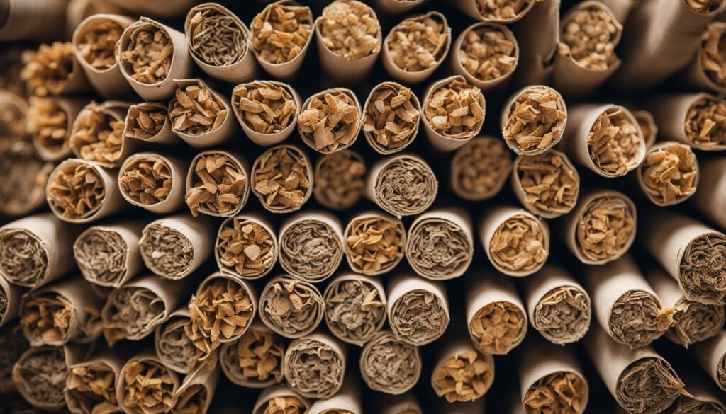 Close-up view of numerous herbal cigarettes arranged tightly together, showcasing various shades of brown and textures of the herbal contents.