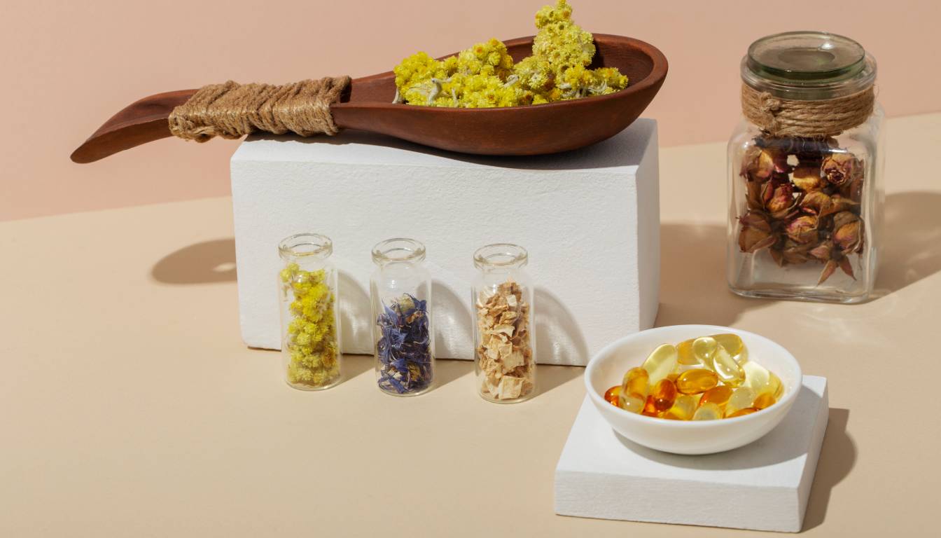 Various herbal supplements and dried flowers displayed in glass jars and a wooden spoon, alongside a bowl of soft gel capsules.