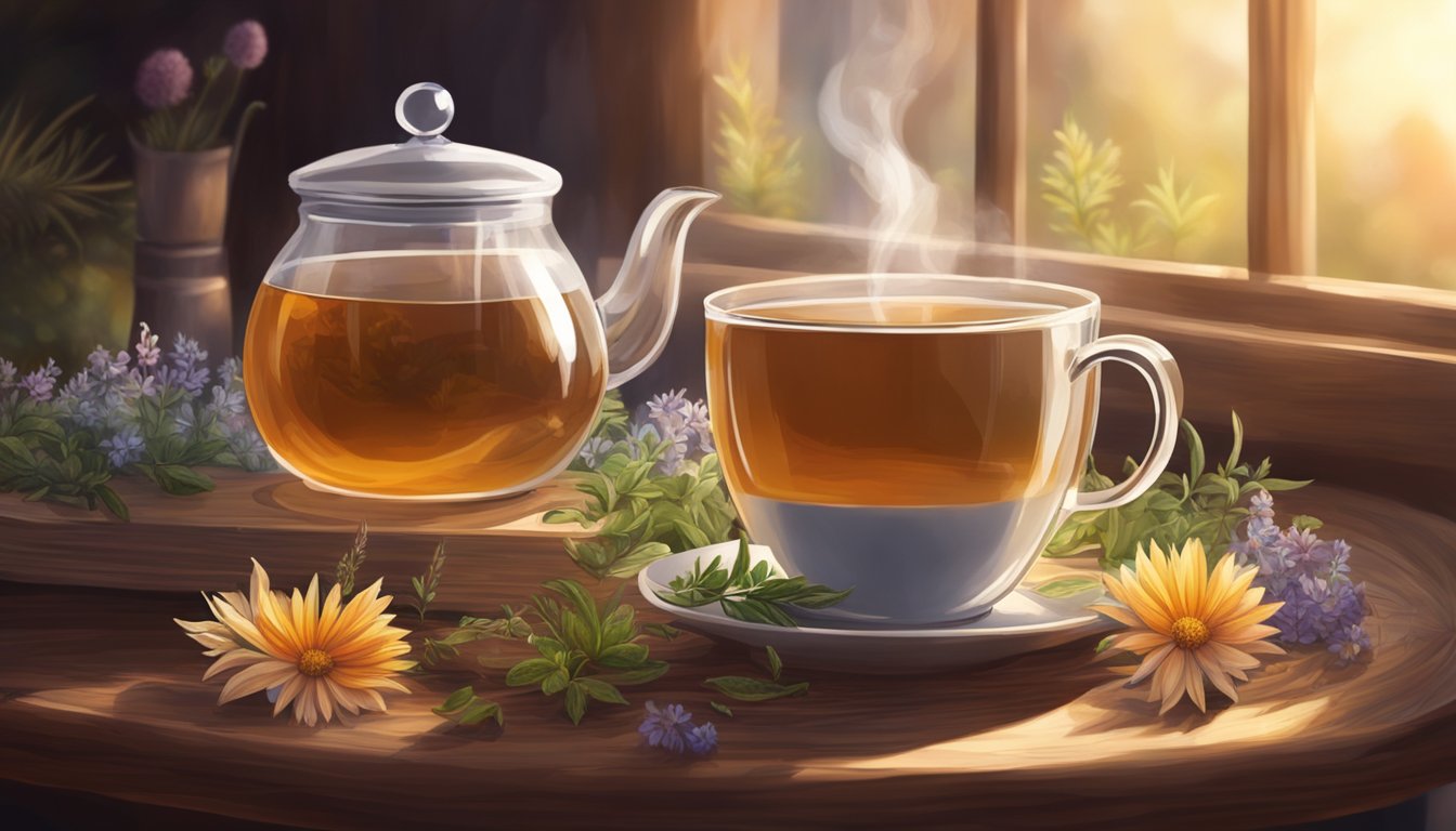A digital illustration of a glass teapot and cup of herbal tea on a wooden tray with flowers.